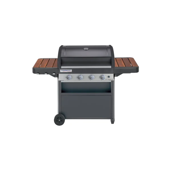 Les points clés Le gaz pour une chaleur immédiate et réglable pour une cuisson rapide et précise De 12 à 18 personnes - Sur chariot Matière de la cuve : en acier 4 brûleurs - Dimension de la surface de cuisson : 78 x 45 cm Le + : Barbecue fabriqué en Italie équipé d'une grille et d'une plancha réversible en fonte émaillée.